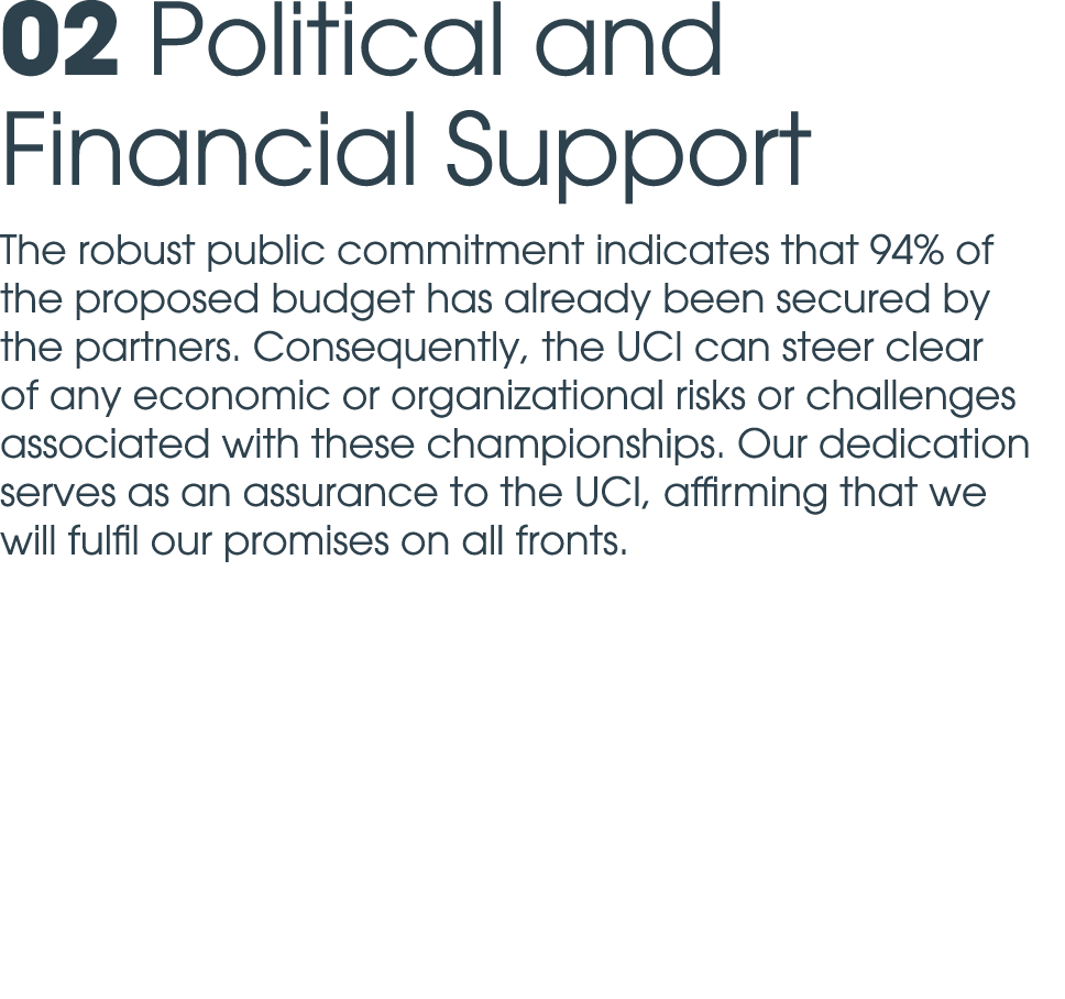 02 Political and Financial Support The robust public commitment indicates that 94% of the proposed budget has already...