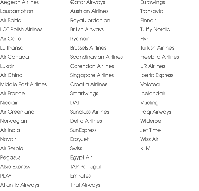 Aegean Airlines Laudamotion Air Baltic LOT Polish Airlines Air Cairo Lufthansa Air Canada Luxair Air China Middle Eas...